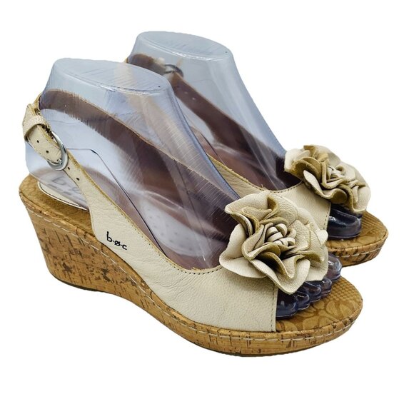 BOC Sandals Womens Size 6 M Beige Born Floral Leather Buckle Cork Wedge Shoes - Picture 1 of 13